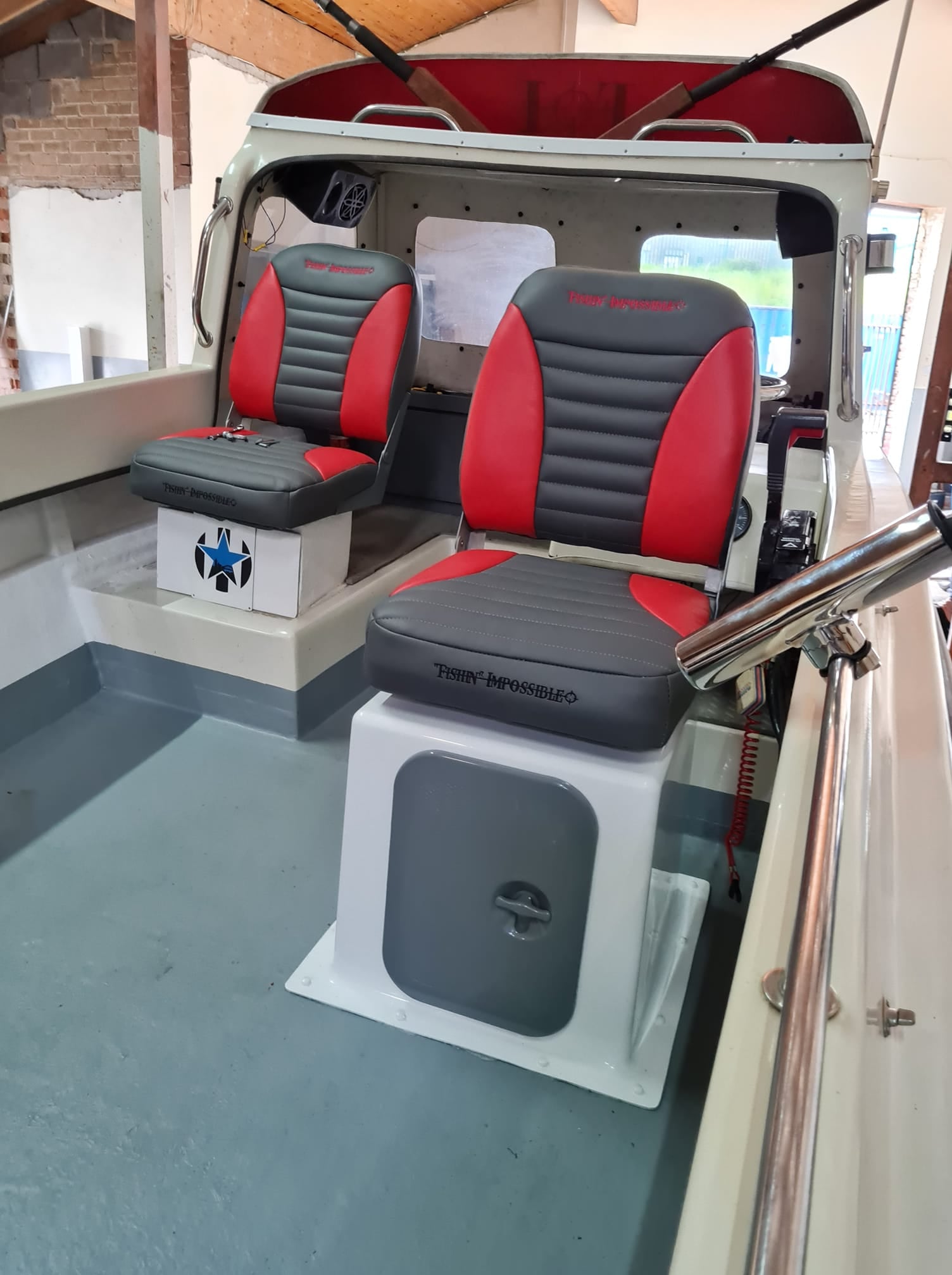 Custom boats seats grey and red marine upholstery Blue Note Upholstery